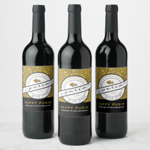 HAPPY PURIM Script Personalized Gold Glitter Wine Label