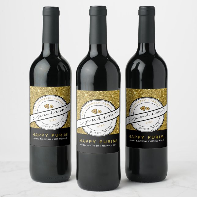 HAPPY PURIM Script Personalized Gold Glitter Wine Label (Bottles)