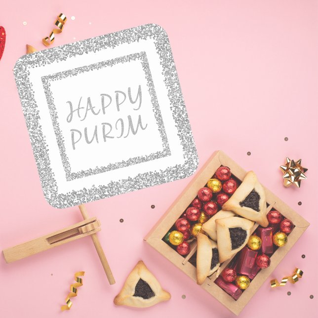 Happy Purim Silver Glitter Mishloach Manot Square Sticker (Creator Uploaded)