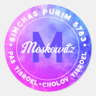 Happy Purim Watercolor Monogram Kosher Info  Classic Round Sticker