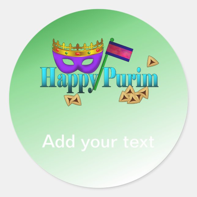 Happy Purim with Mask, Gragger, and Hamentaschen Classic Round Sticker (Front)