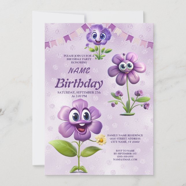 Happy Purple Flowers Birthday Party Invitation (Front)