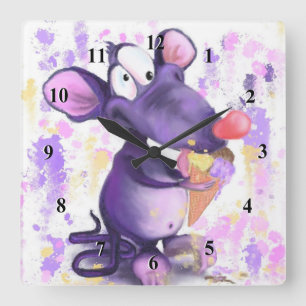 Happy Purple Mouse Eat Ice Cream - Funny Painting Square Wall Clock