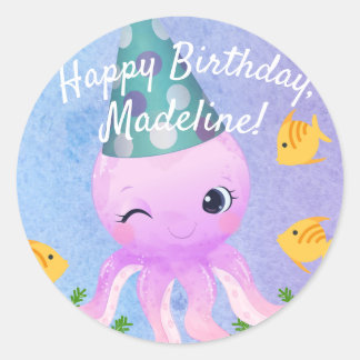 Happy Purple Octopus Birthday  Classic Round Sticker
