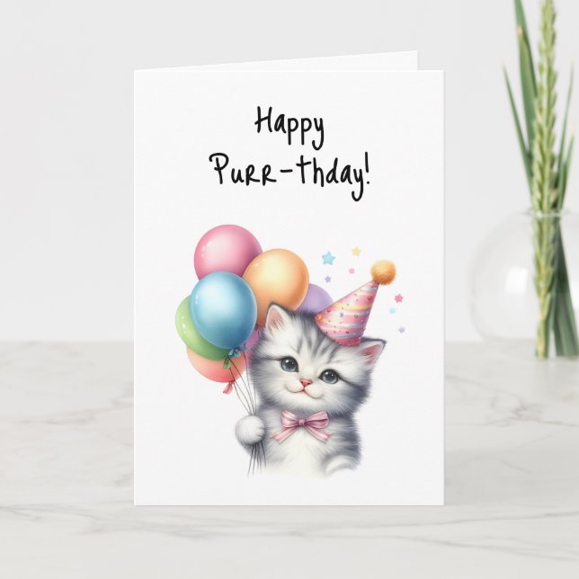 Happy Purr-thday Birthday Kitten Celebrate Party  Card (Front)
