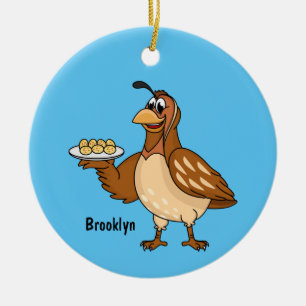 Happy quail with eggs cartoon ceramic ornament