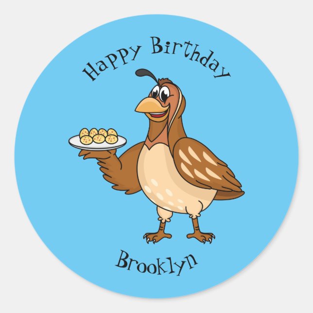 Happy quail with eggs cartoon  classic round sticker (Front)