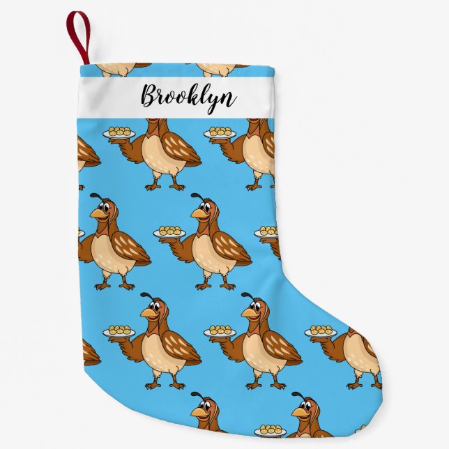 Happy quail with eggs cartoon small christmas stocking (Front)