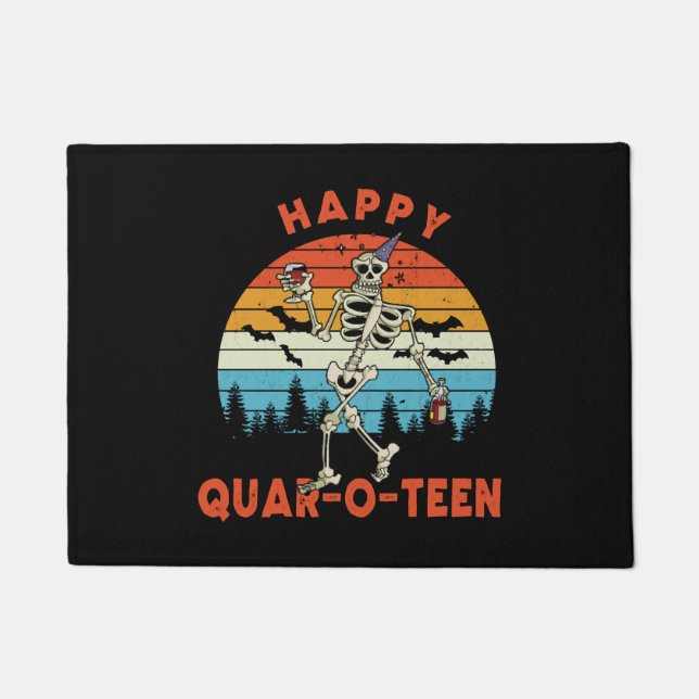 Happy QUAR-O -TEEN Funny Skeletor Wine Halloween Doormat (Front)