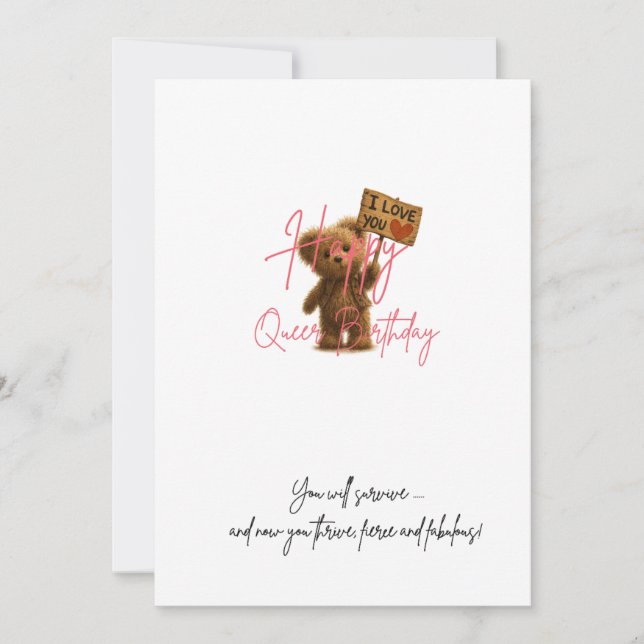 Happy Queer Birthday Card – Cute Teddy Bear with I (Front)