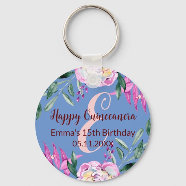 Happy Quinceanera 15 birthday monogram name blue Keychain (Front)