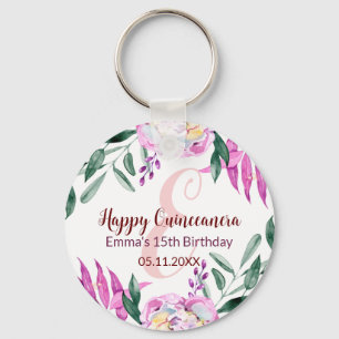Happy Quinceanera 15 birthday party favour pink Keychain