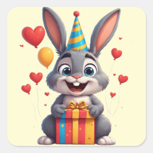 🐇 Happy Rabbit Birthday With Present Square Sticker