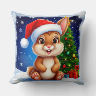 Happy Rabbit in Santa Hat  Throw Pillow