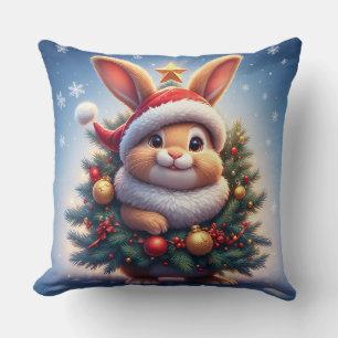 Happy Rabbit in Santa Hat  Throw Pillow