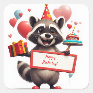 Happy Raccoon Birthday With Balloons 🎁 Square Sticker