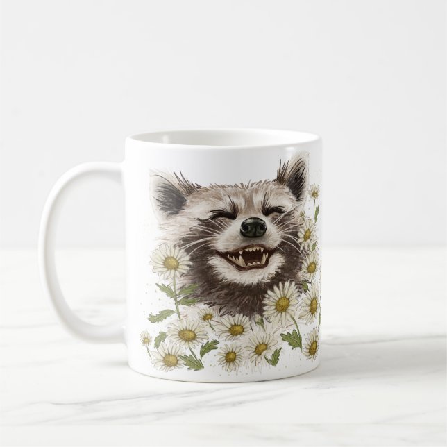 Happy raccoon in daisies coffee mug (Left)