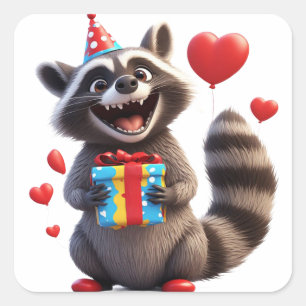 🎁 Happy Raccoon With Balloons And Gift Square Sticker