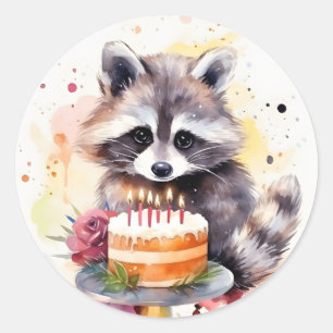 Happy Raccoon with Birthday cake Classic Round Sticker