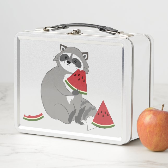 Happy raccoon with watermelon metal lunch box (In Situ)