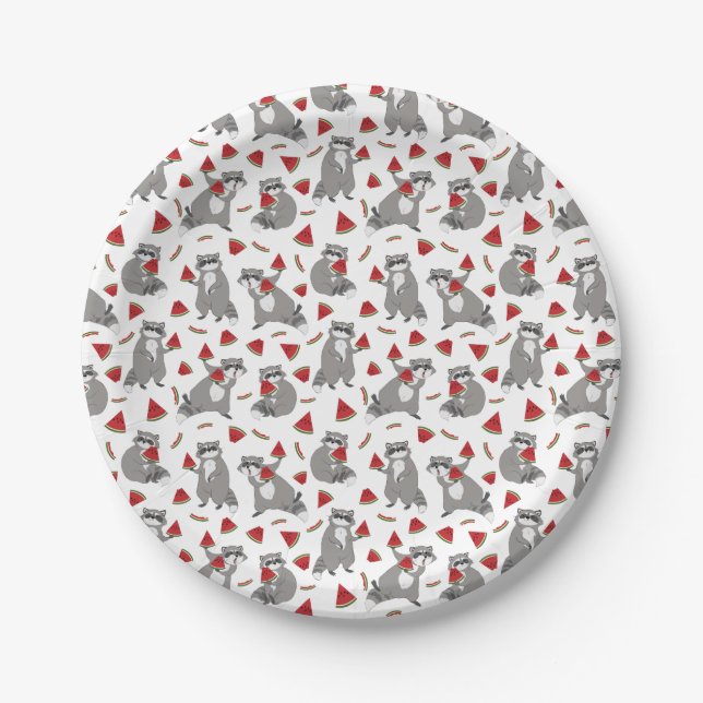 Happy raccoon with watermelon paper plate (Front)
