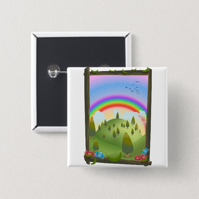 Happy Rainbow Landscape 2 Inch Square Button (Front & Back)