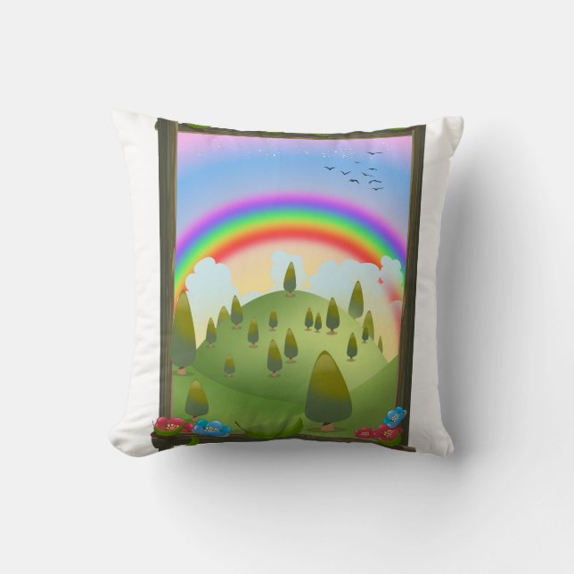 Happy Rainbow Landscape Throw Pillow (Front)