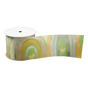 Happy Rainbows Hearts Yellow Green  Satin Ribbon