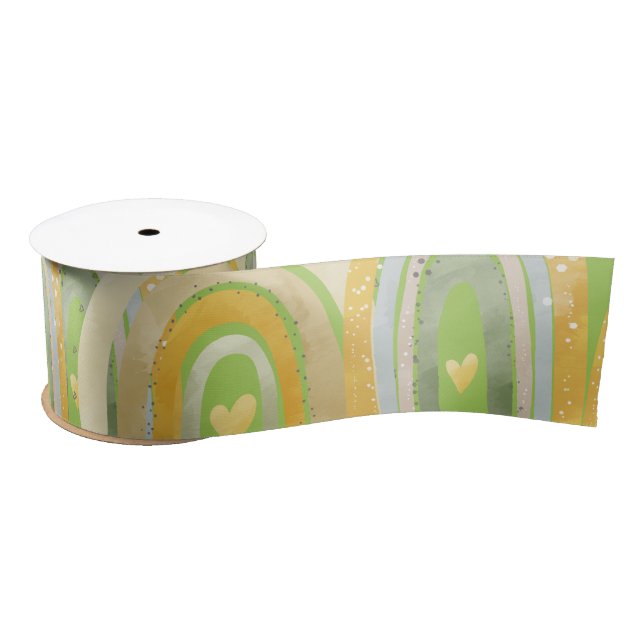 Happy Rainbows Hearts Yellow Green  Satin Ribbon (Spool)