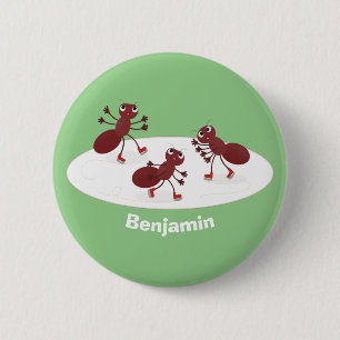 Happy red ants ice skating cartoon 2 inch round button