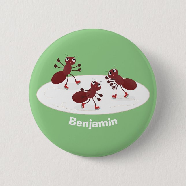 Happy red ants ice skating cartoon 2 inch round button (Front)
