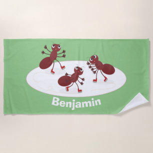 Happy red ants ice skating cartoon beach towel