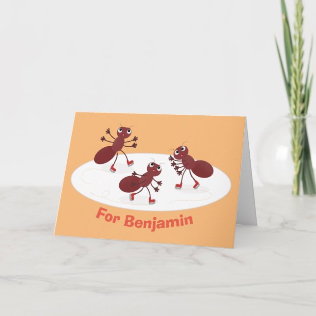 Happy red ants ice skating cartoon card (Front)