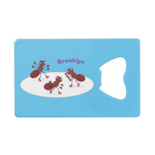 Happy red ants ice skating cartoon credit card bottle opener