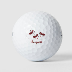 Happy red ants ice skating cartoon golf balls