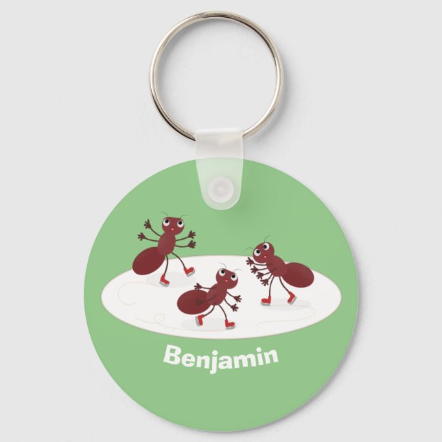 Happy red ants ice skating cartoon keychain (Front)