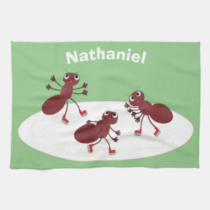 Happy red ants ice skating cartoon kitchen towel