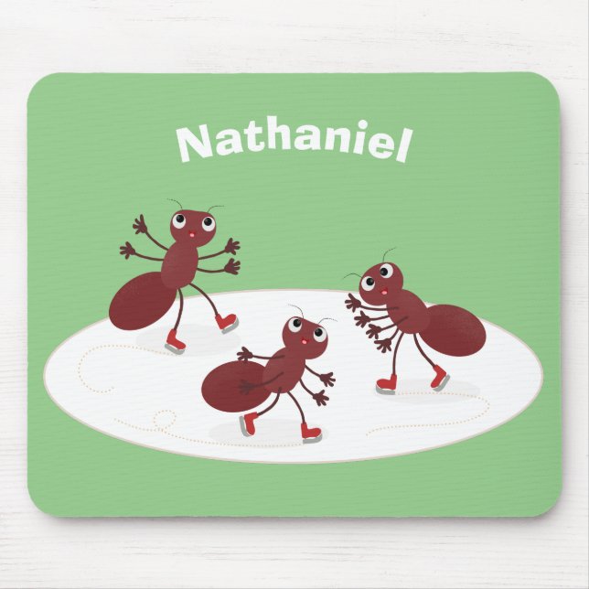 Happy red ants ice skating cartoon mouse pad (Front)