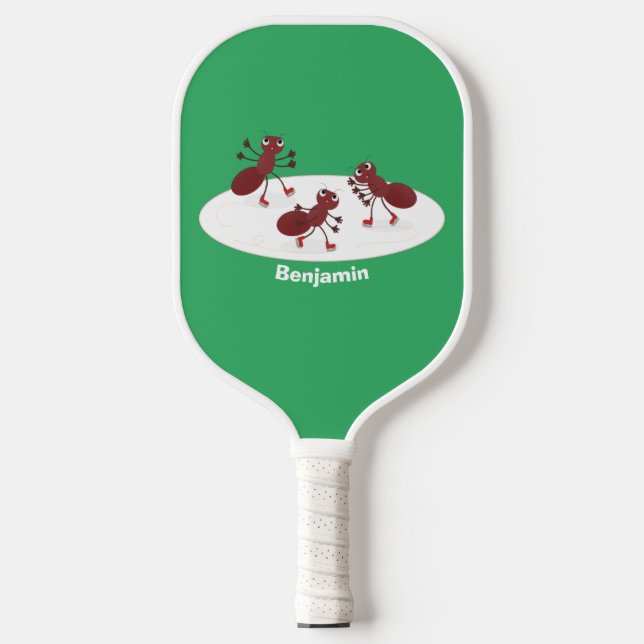 Happy red ants ice skating cartoon pickleball paddle (Front)