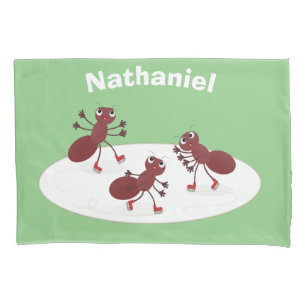 Happy red ants ice skating cartoon pillowcase