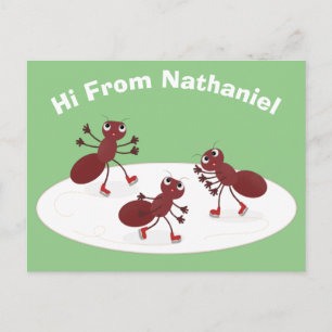Happy red ants ice skating cartoon postcard