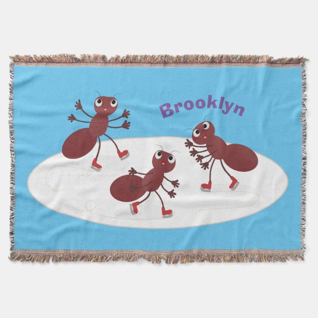 Happy red ants ice skating cartoon throw blanket (Front)