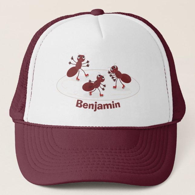 Happy red ants ice skating cartoon trucker hat (Front)