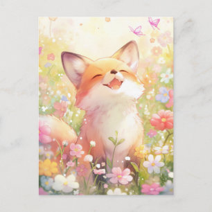 Happy Red Fox in Sunny Wildflower Meadow Postcard
