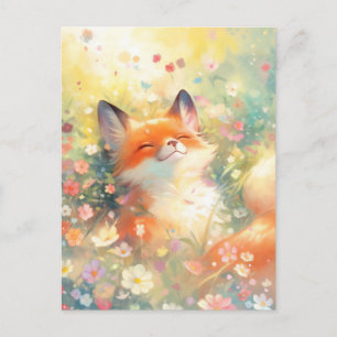 Happy Red Fox in Sunny Wildflower Meadow Postcard