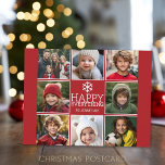 Happy Red - modern 8 Photo Collage Holiday Postcard<br><div class="desc">Use 8 square pictures to make a unique and trendy Merry Christmas memento. If you need to move anything around,  click on the customize button to make changes.</div>