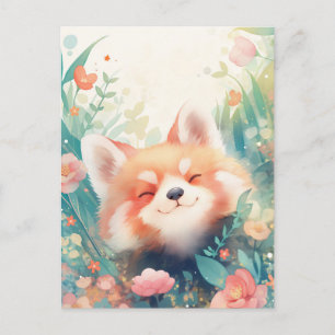 Happy Red Panda in Colorful Garden Meadow Postcard
