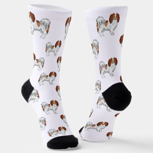 Happy Red White Cute Phalène Pattern Dog Lover Socks (Angled)
