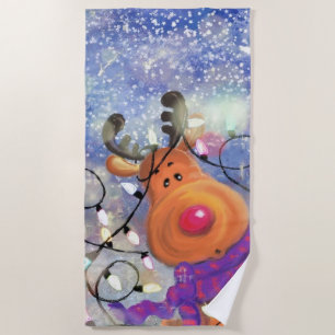 Happy Reindeer - Christmas Beach Towel