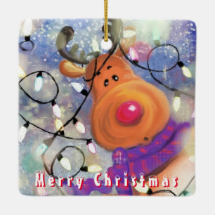 Happy Reindeer - Merry Christmas - Drawing Ceramic Ornament
